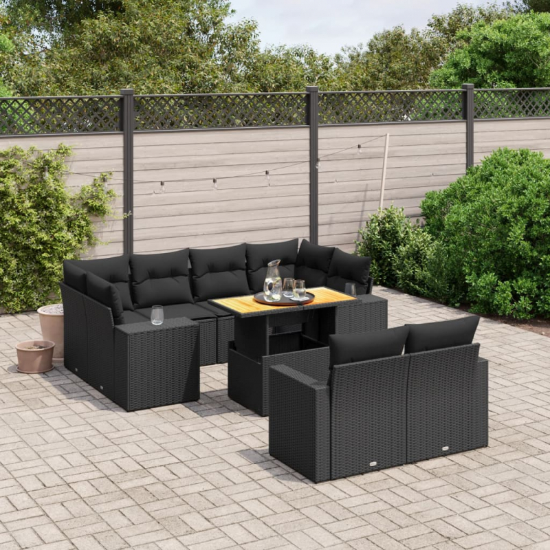 11-tlg. Garten-Sofagarnitur mit Kissen Schwarz Poly Rattan