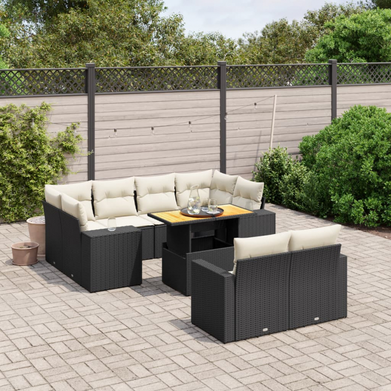 11-tlg. Garten-Sofagarnitur mit Kissen Schwarz Poly Rattan