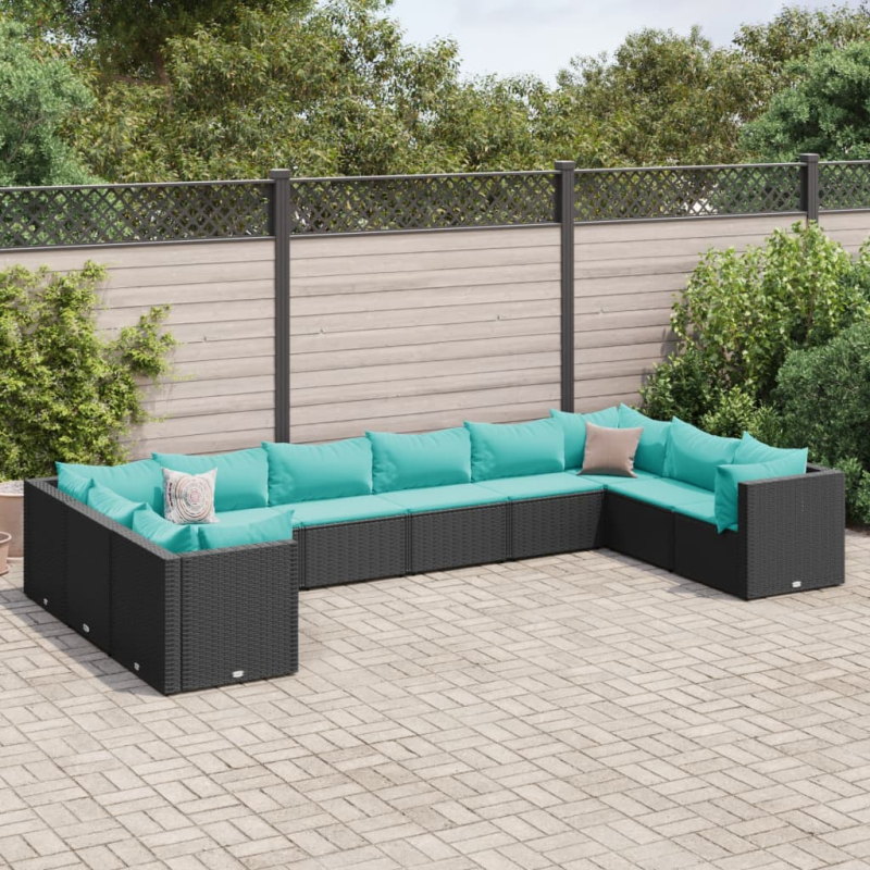 10-tlg. Garten-Lounge-Set mit Kissen Schwarz Poly Rattan