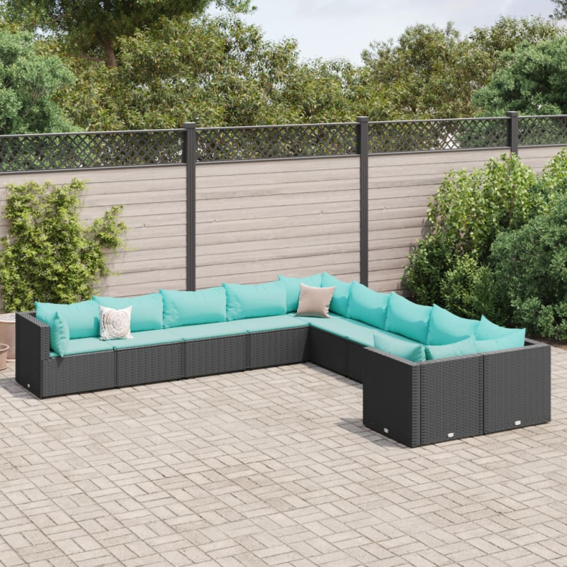 10-tlg. Garten-Sofagarnitur mit Kissen Schwarz Poly Rattan
