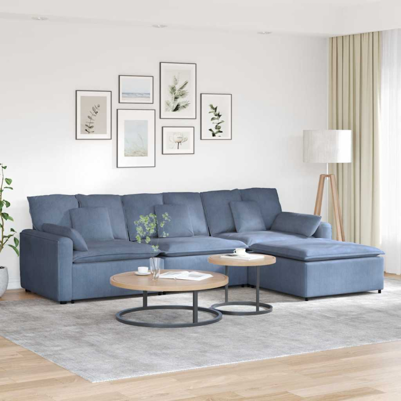 Modulares Sofa mit Fußhocker und Kissen Blau