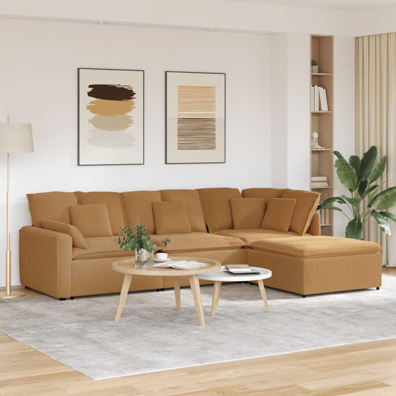 Modulares Sofa mit Hocker Kissen Stoff in Lammwolloptik Beige