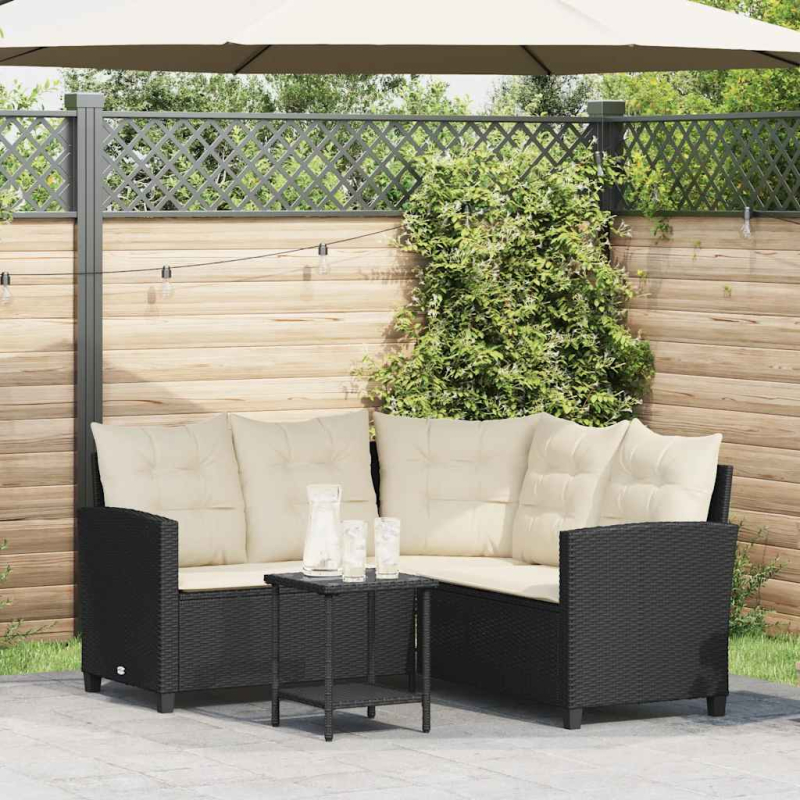 Gartensofa in L-Form mit Tisch und Kissen Schwarz Poly Rattan