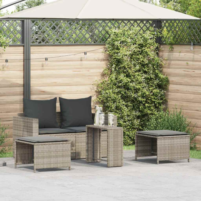 5tlg. Garten-Sofagarnitur Kissen Stapelbar Hellgrau Poly Rattan
