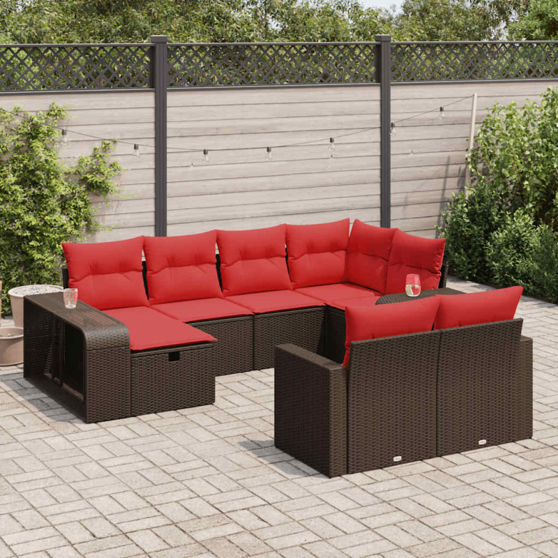 10-tlg. Garten-Sofagarnitur mit Kissen Braun Poly Rattan