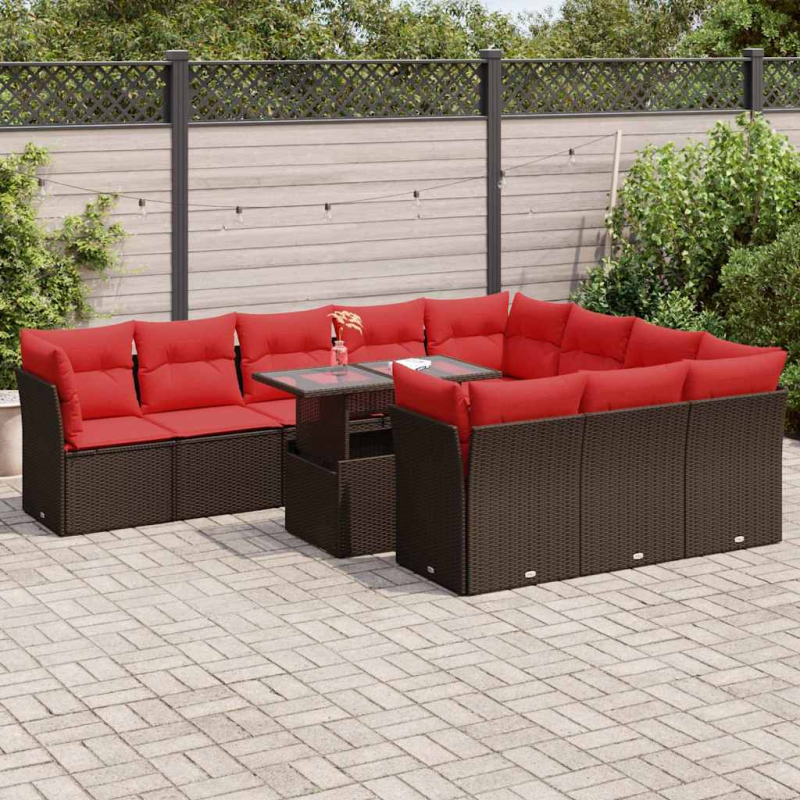 11-tlg. Garten-Sofagarnitur mit Kissen Braun Poly Rattan Akazie