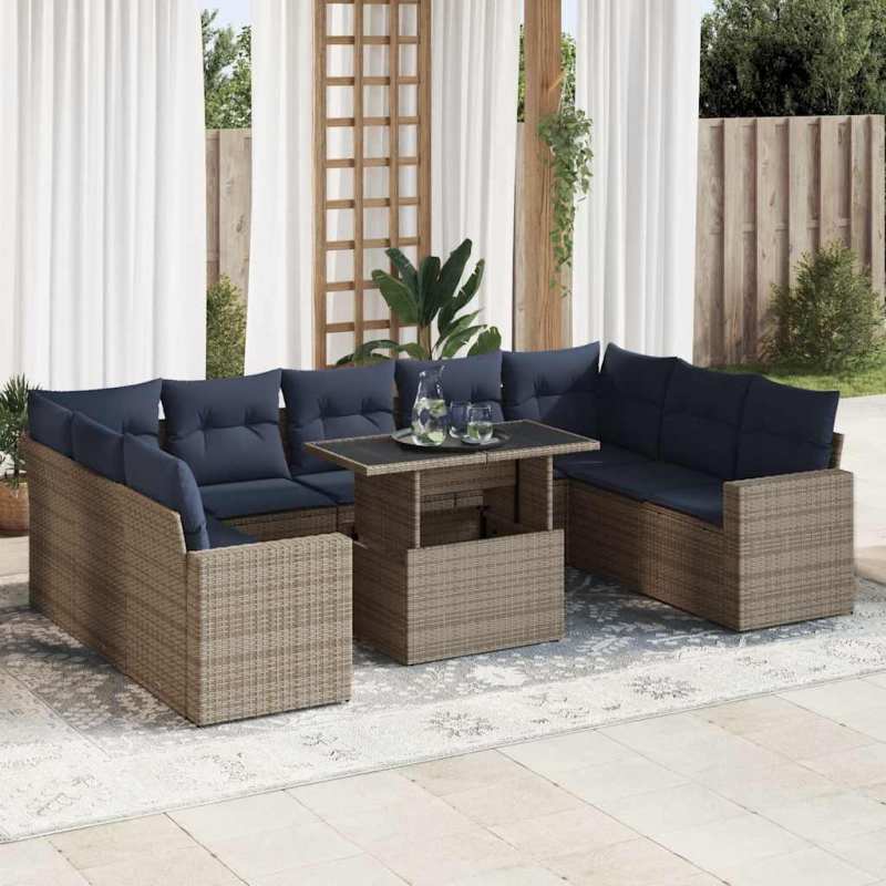 10-tlg. Garten-Sofagarnitur mit Kissen Grau Poly Rattan Akazie