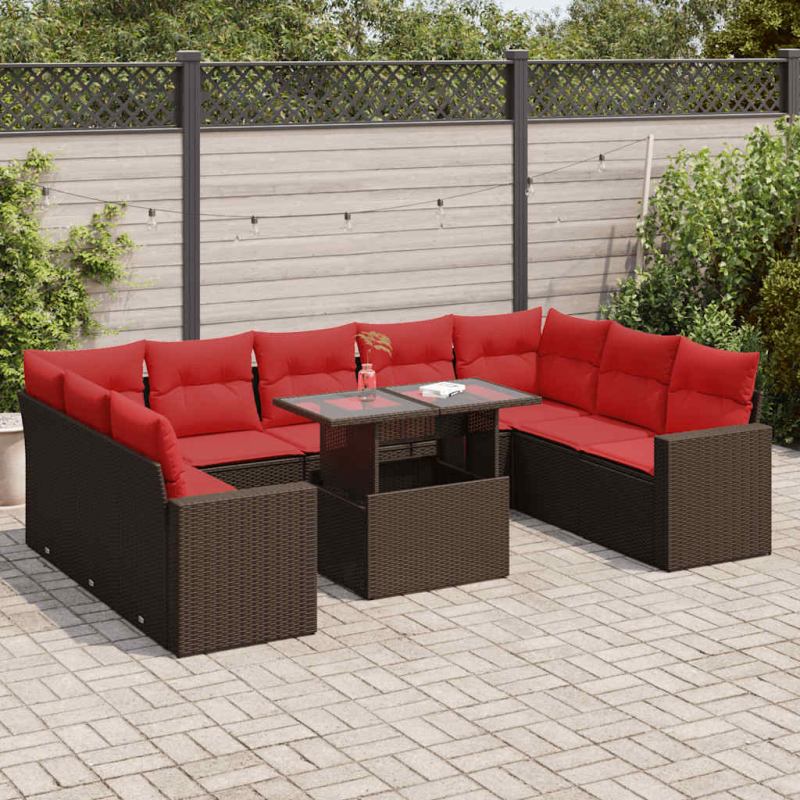 10-tlg. Garten-Sofagarnitur mit Kissen Braun Poly Rattan Akazie