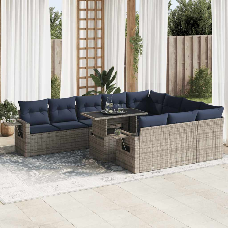 11-tlg. Garten-Sofagarnitur mit Kissen Grau Poly Rattan Akazie