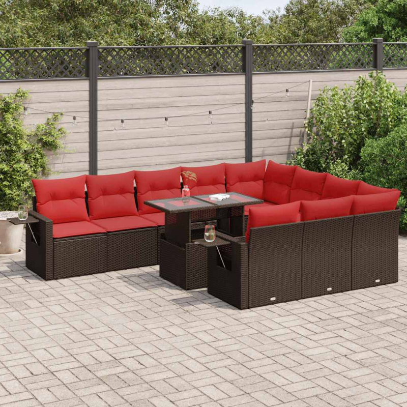 11-tlg. Garten-Sofagarnitur mit Kissen Braun Poly Rattan Akazie