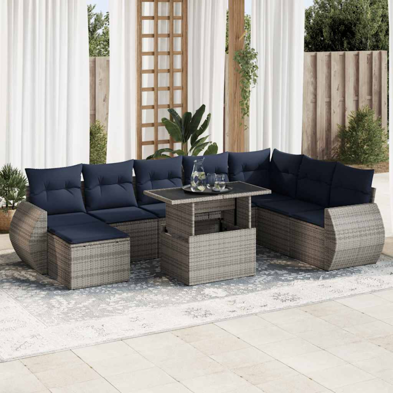 11-tlg. Garten-Sofagarnitur mit Kissen Grau Poly Rattan Akazie