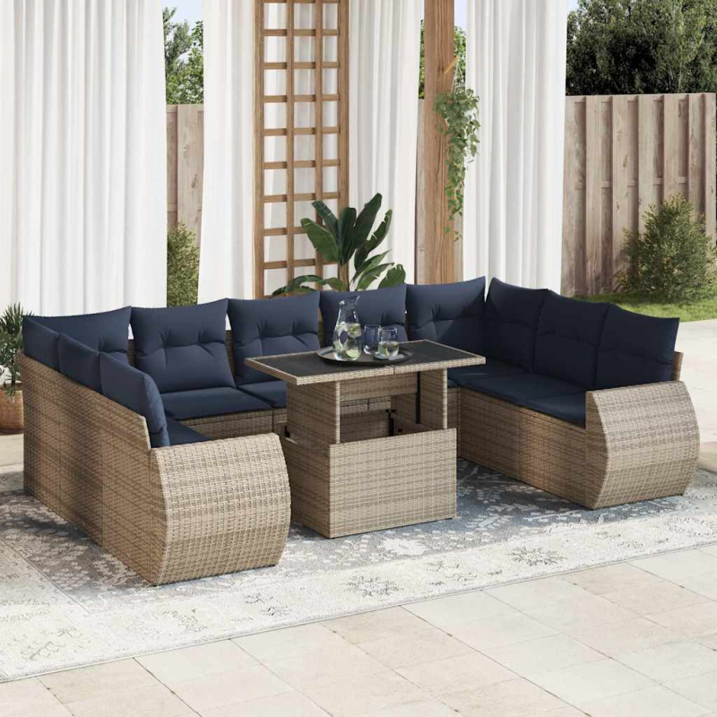 10-tlg. Garten-Sofagarnitur mit Kissen Grau Poly Rattan Akazie