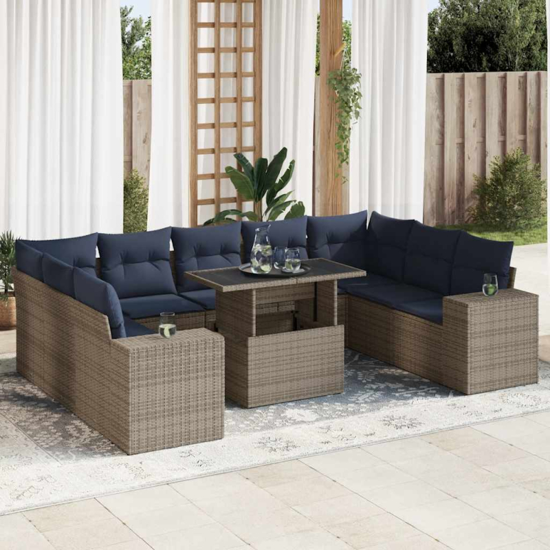 10-tlg. Garten-Sofagarnitur mit Kissen Grau Poly Rattan Akazie