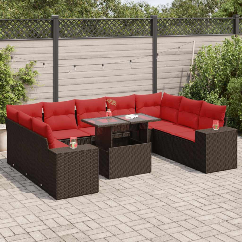 10-tlg. Garten-Sofagarnitur mit Kissen Braun Poly Rattan Akazie