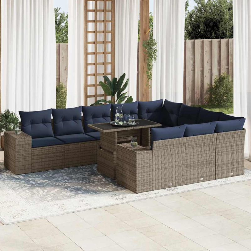 11-tlg. Garten-Sofagarnitur mit Kissen Grau Poly Rattan Akazie
