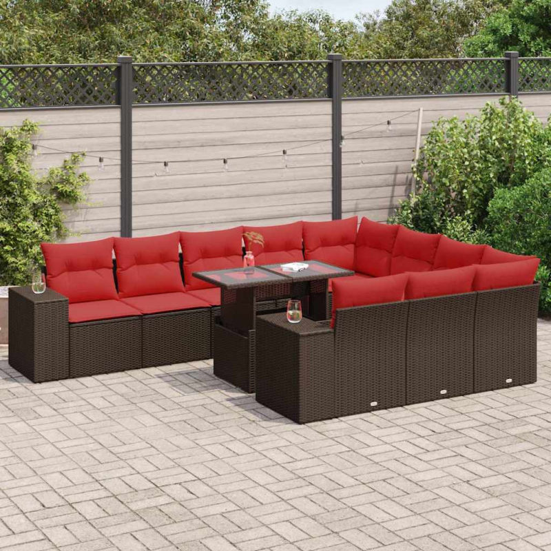 11-tlg. Garten-Sofagarnitur mit Kissen Braun Poly Rattan Akazie