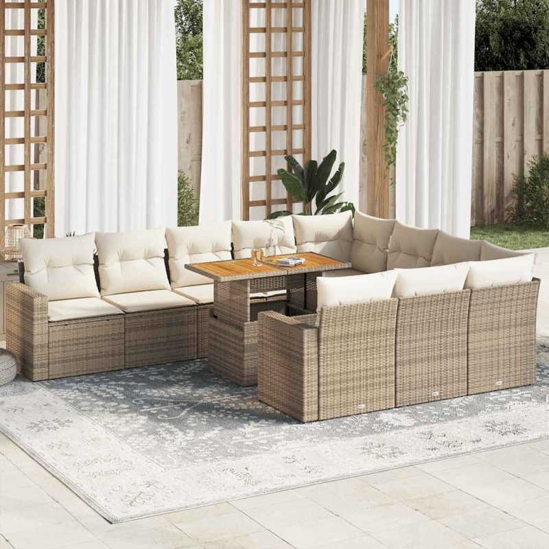 11-tlg. Garten-Sofagarnitur mit Kissen Beige Poly Rattan