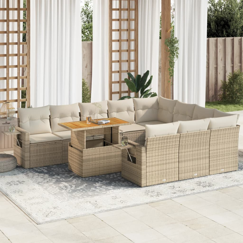 11-tlg. Garten-Sofagarnitur mit Kissen Beige Poly Rattan