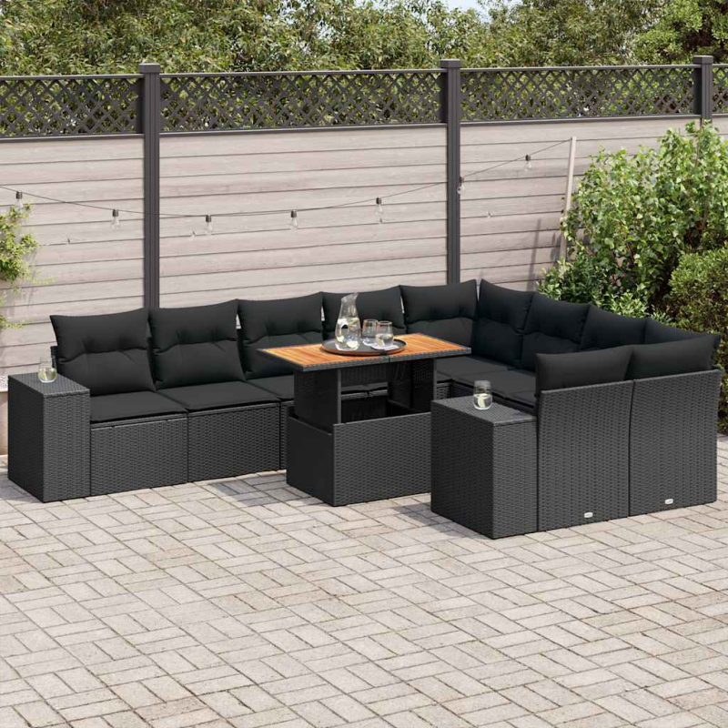 10-tlg. Garten-Sofagarnitur mit Kissen Schwarz Poly Rattan