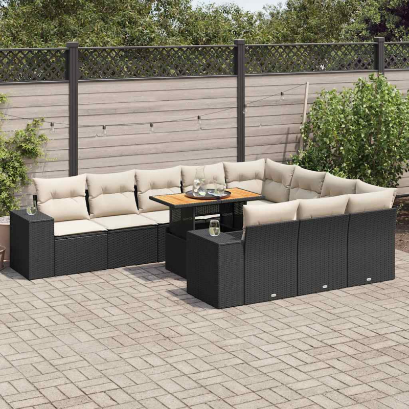 10-tlg. Garten-Sofagarnitur mit Kissen Schwarz Poly Rattan
