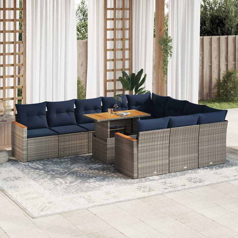 11-tlg. Garten-Sofagarnitur mit Kissen Grau Poly Rattan