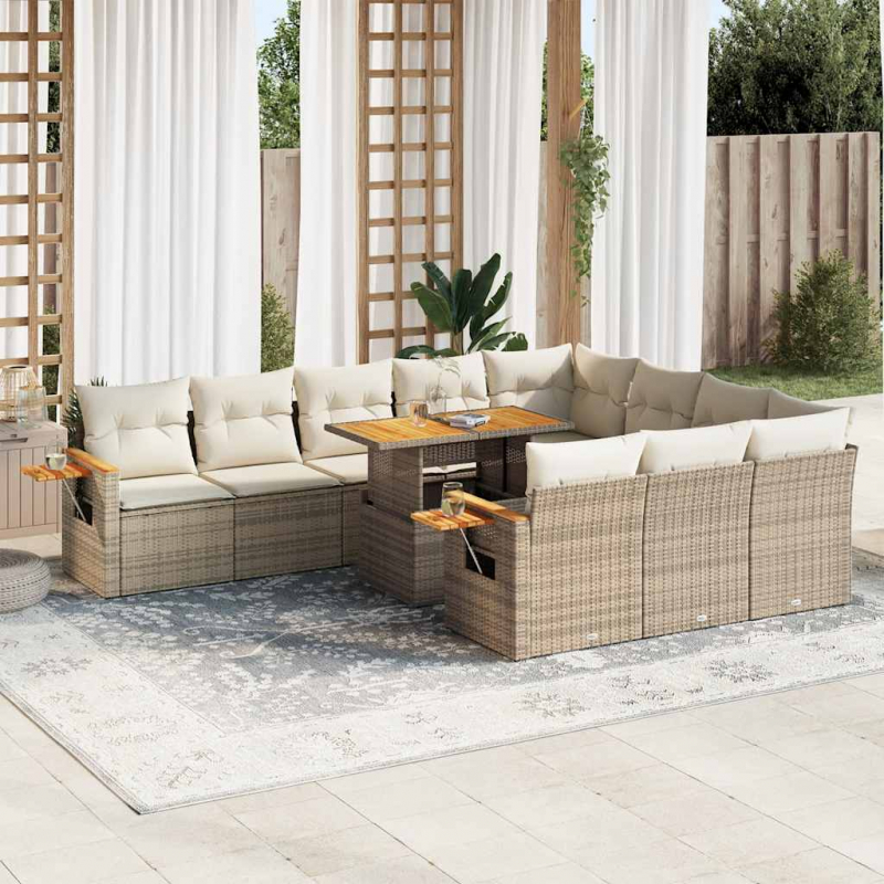 11-tlg. Garten-Sofagarnitur mit Kissen Beige Poly Rattan Akazie