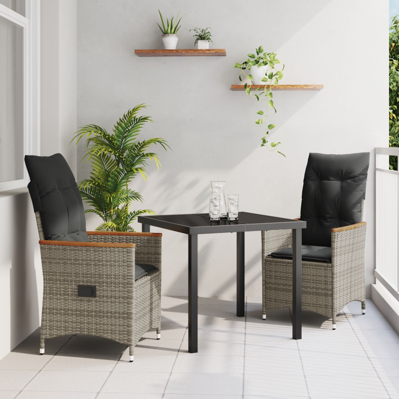3-teiliges Garten-Ess-Set mit Kissen in Grau und Poly-Rattan