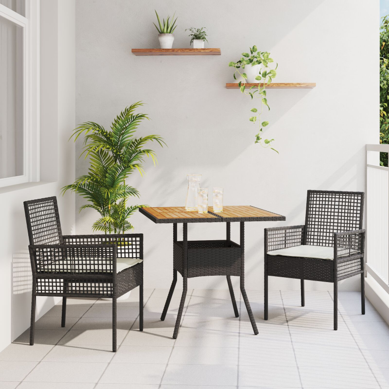 3-teiliges Garten-Essset mit Kissen Schwarz Poly Rattan