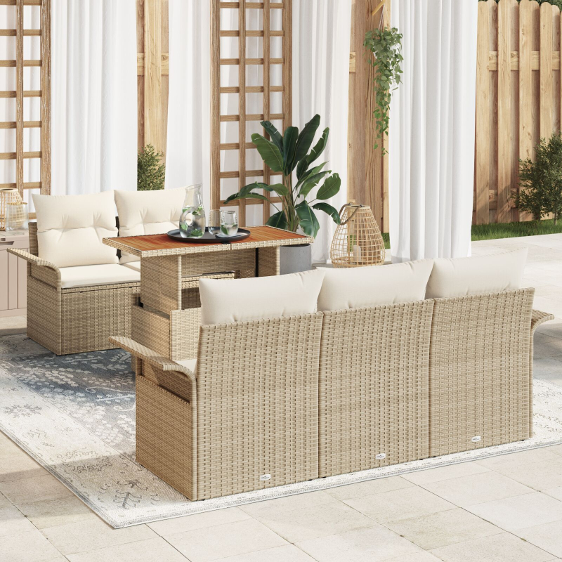 6-Teiliges Garten Sofa Set mit Kissen Beige Poly Rattan Akazie