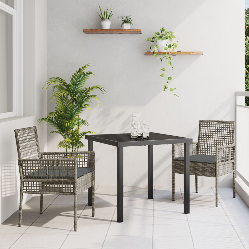 3-teiliges Garten Essset mit Kissen Grau Poly Rattan