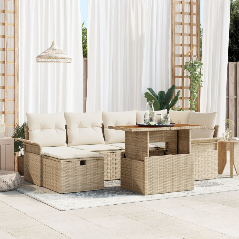 7-teiliges Garten Sofa Set mit Kissen Beige Poly Rattan