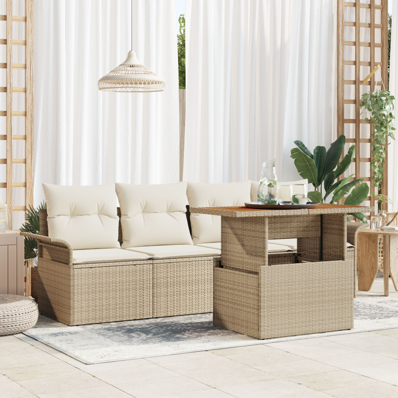 5-teiliges Garten Sofa Set mit Kissen Beige Poly Rattan Akazie