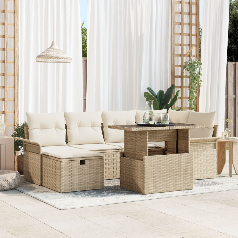 7-teiliges Garten Sofa Set mit Kissen Beige Poly Rattan