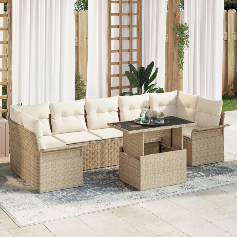 8-teiliges Garten Sofa Set mit Kissen Beige Poly Rattan