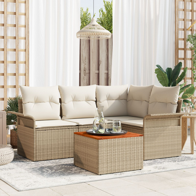 5-teiliges Garten Sofa Set mit Kissen Beige Poly Rattan Akazie