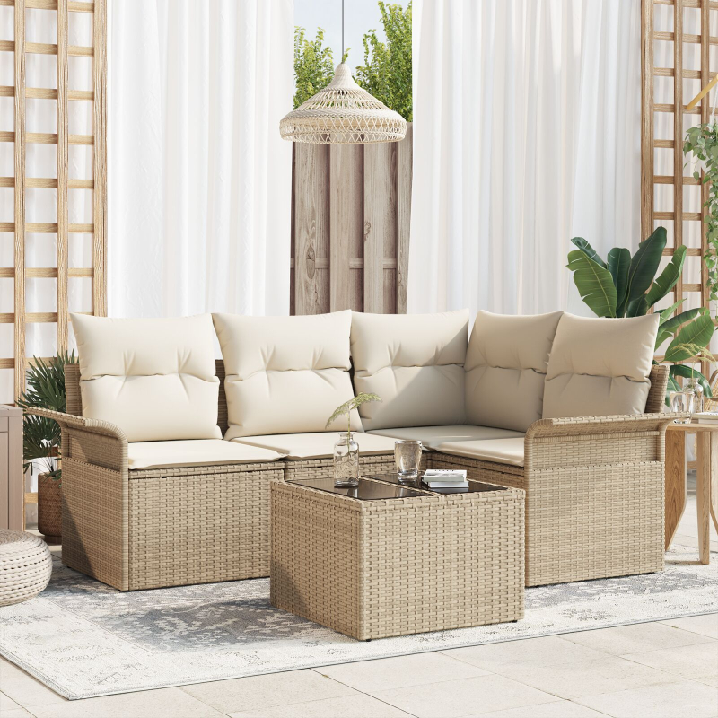 5-teiliges Garten-Sofa-Set mit Kissen Braun Poly Rattan