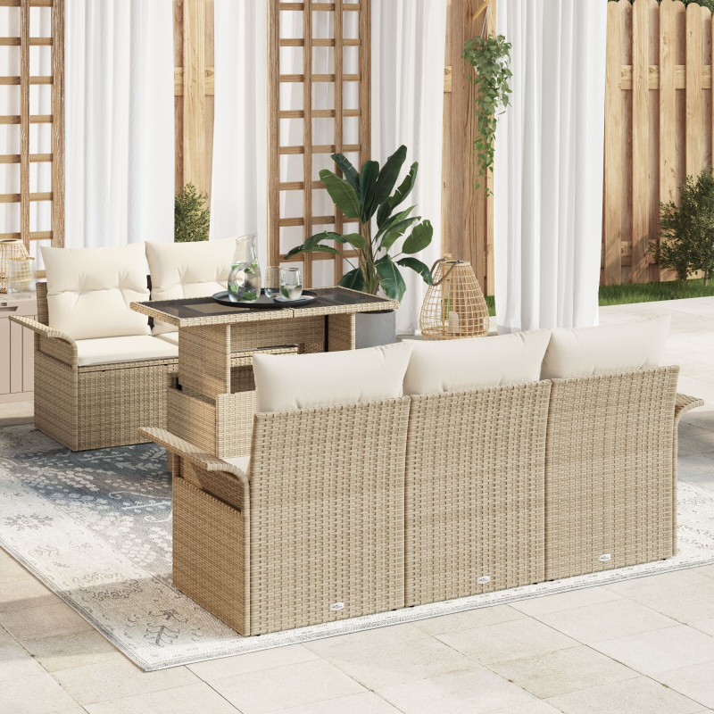 6-teiliges Garten-Sofa-Set mit Kissen Beige Poly-Rattan