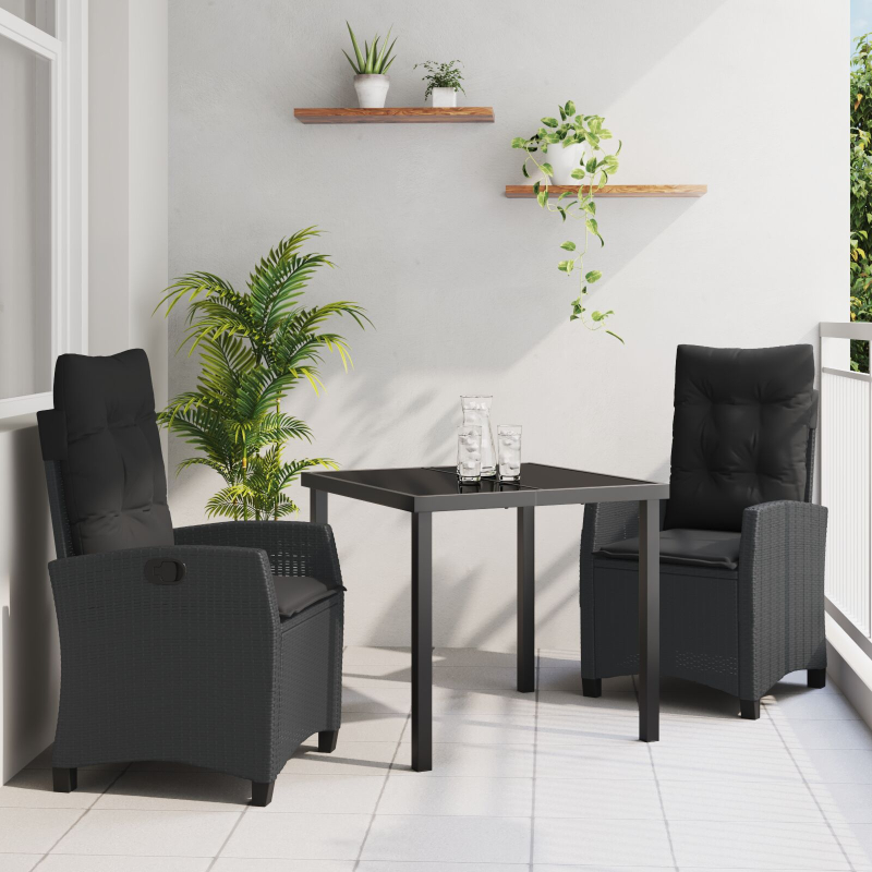 3-teiliges Garten-Dining-Set mit Kissen Schwarz Poly Rattan