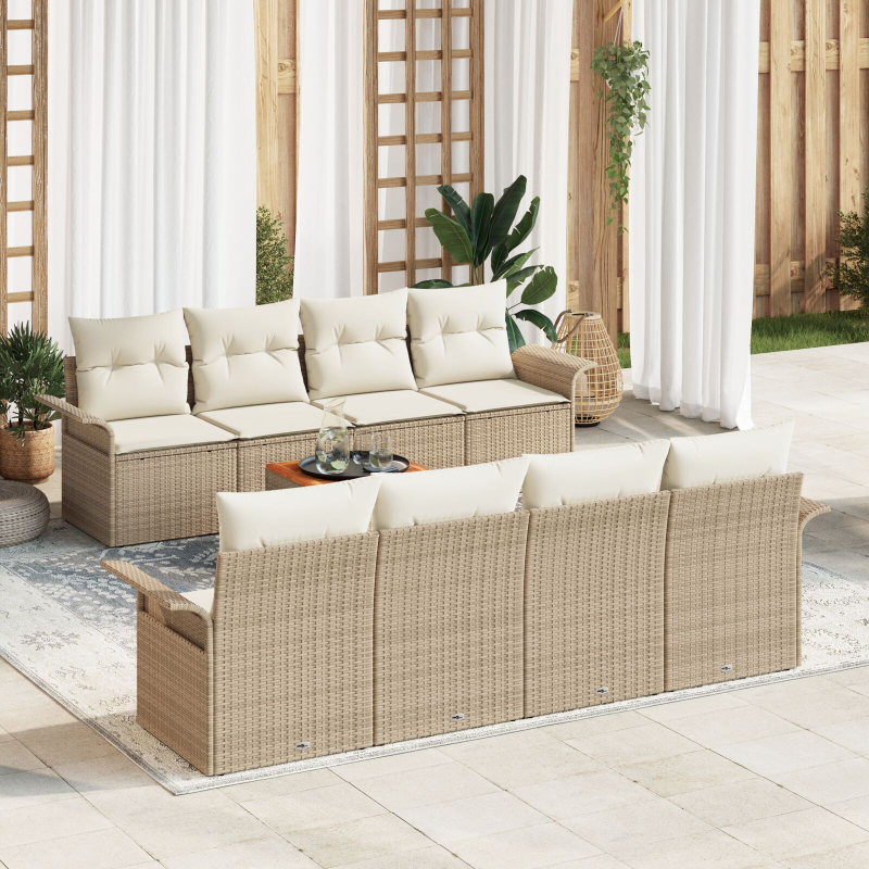 9-teiliges Garten Sofa Set mit Kissen Beige Poly Rattan Akazie