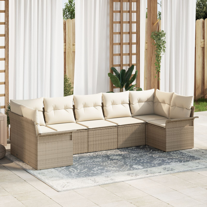 7-teiliges Garten-Sofaset mit Kissen Beige Poly-Rattan