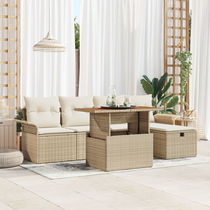 6-teiliges Garten-Sofa-Set mit Kissen Beige Poly Rattan
