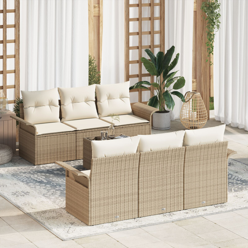 7-teiliges Gartensofa Set mit Kissen Beige Poly Rattan