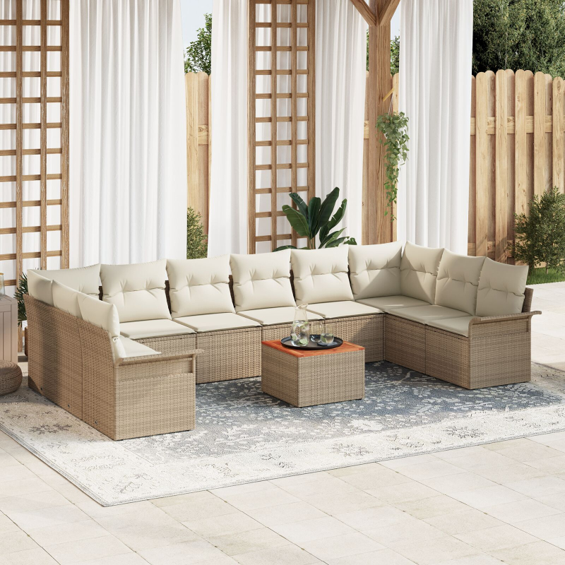 11-teiliges Garten Sofa Set mit Kissen Beige Poly Rattan Akazie
