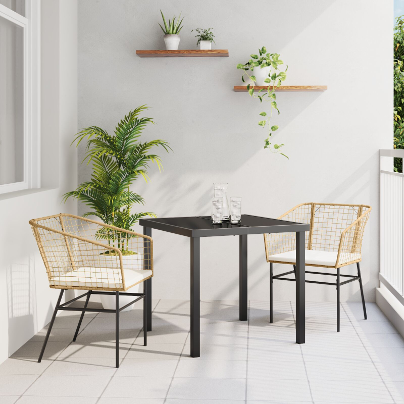 3-teiliges Garten-Essset mit Kissen Braun Poly-Rattan