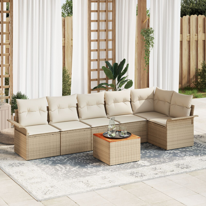 7-teiliges Garten Sofaset mit Kissen Beige Poly Rattan Akazie