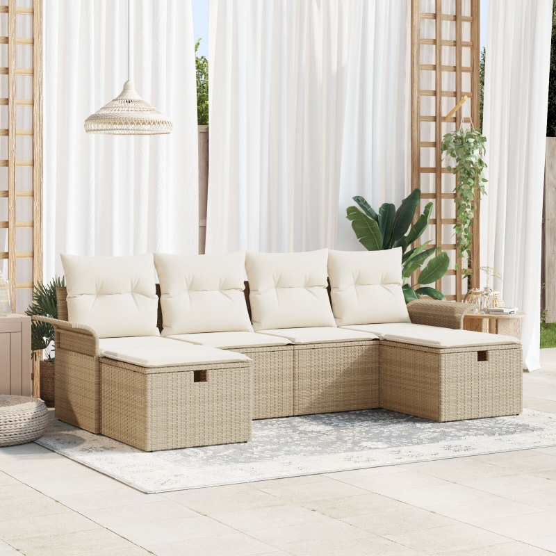 6-teiliges Garten Sofa Set mit Kissen Beige Poly Rattan