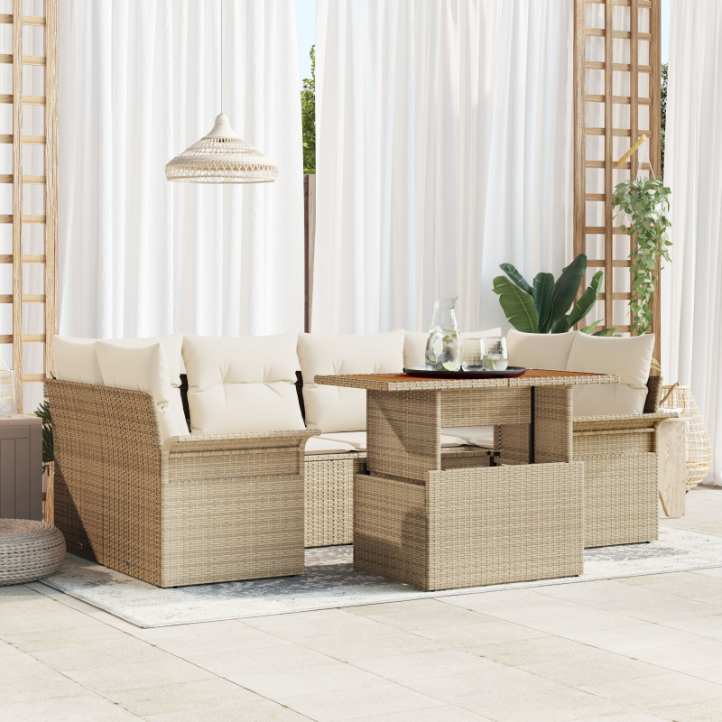 7-teiliges Garten-Sofa-Set mit Kissen Beige Poly Rattan Akazie