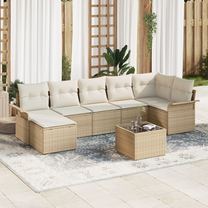 8-teiliges Garten-Sofa-Set mit Kissen, braun, Poly-Rattan