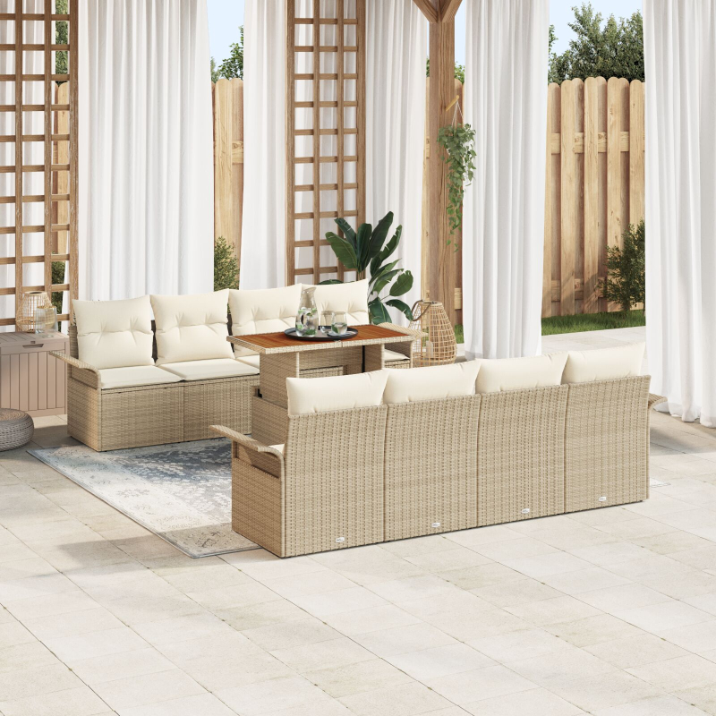 9-teiliges Garten Sofa Set mit Kissen Beige Poly Rattan Akazie