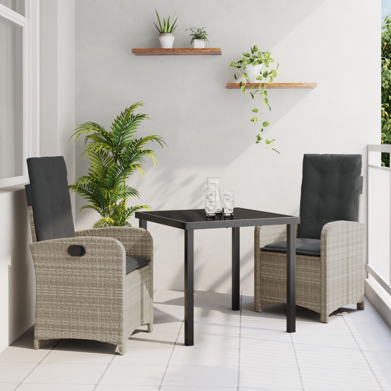3-teiliges Garten-Dining-Set mit Kissen in hellgrauem Poly-Rattan